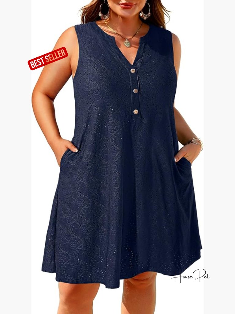 Plus Size Sleeveless Hollow Out Button Down Beach Cover Dress With Pockets